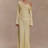 Iris Long Sleeve Satin Maxi Dress - Lemon