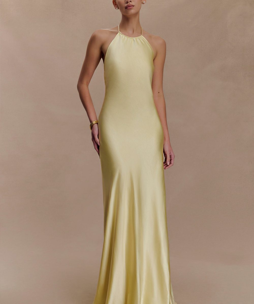 Bella Satin Halter Maxi Dress - Lemon