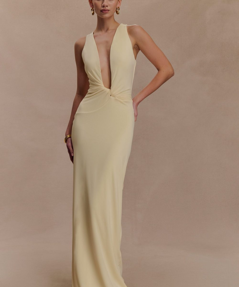Stella Draped Slinky Maxi Dress - Pale Lemon