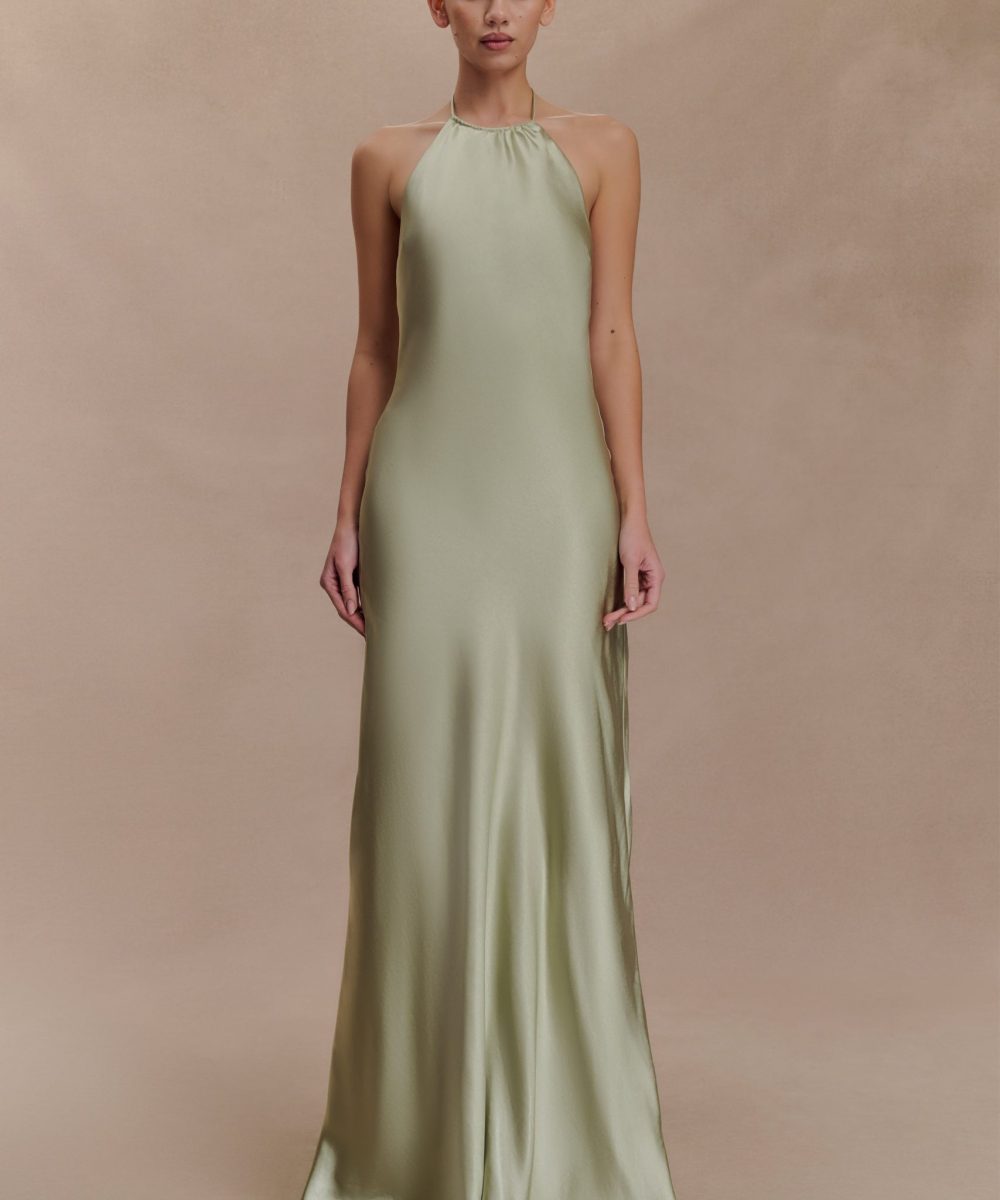Bella Satin Halter Maxi Dress - Sage