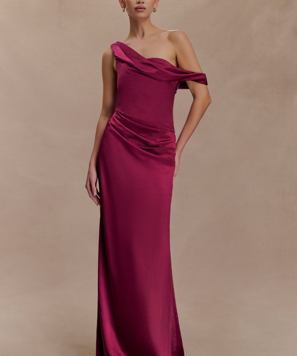 Dalia Off Shoulder Satin Maxi Dress - Mahogany