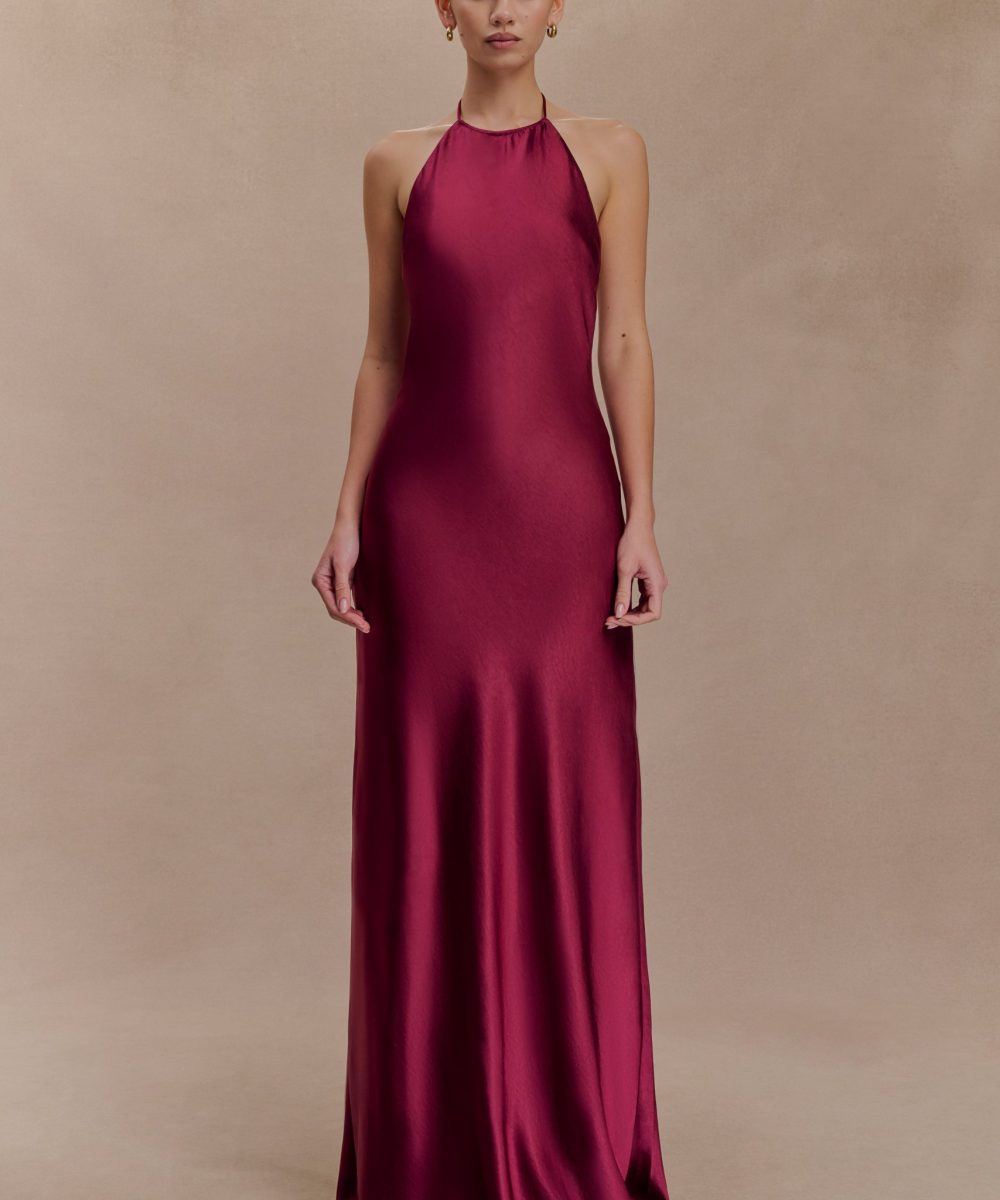 Bella Satin Halter Maxi Dress - Mahogany