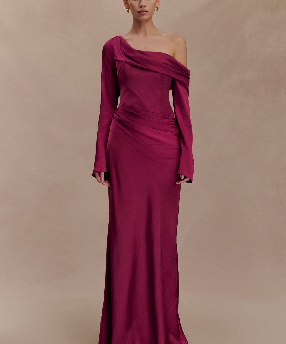 Iris Long Sleeve Satin Maxi Dress - Mahogany