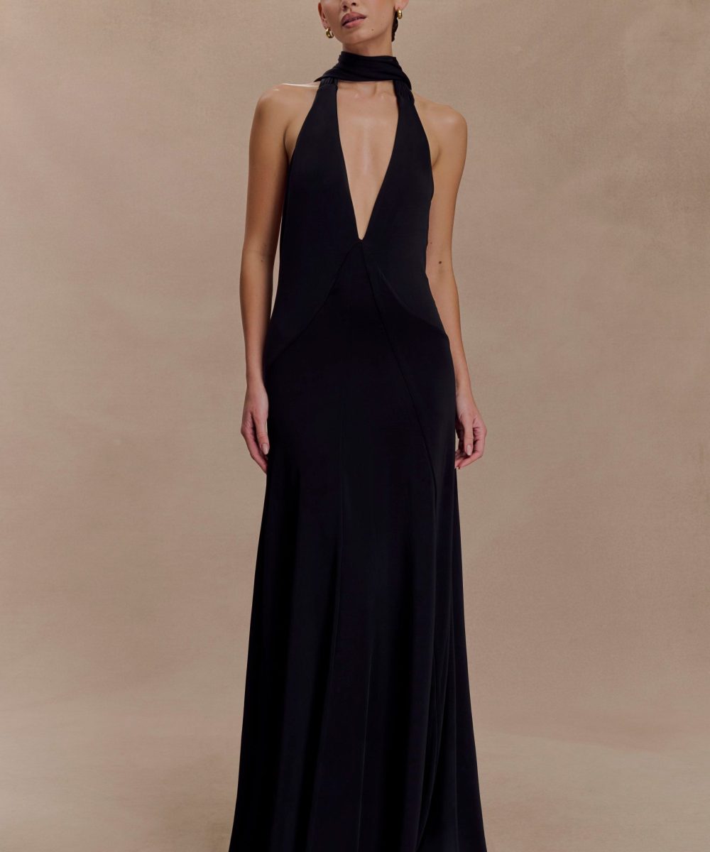 Juliet Slinky Maxi Dress With Scarf - Black