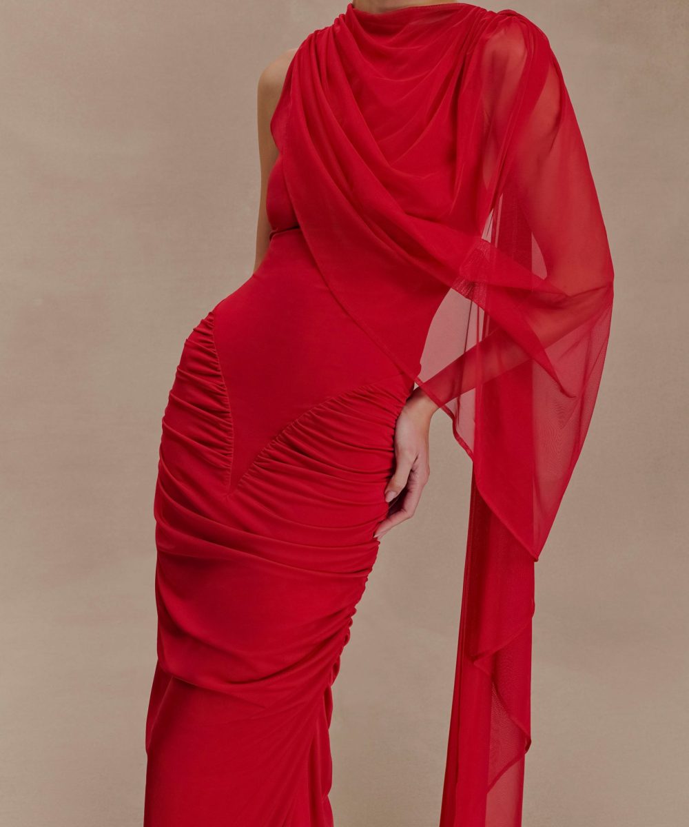 Amandine Ruched Slinky Maxi Dress - Ruby