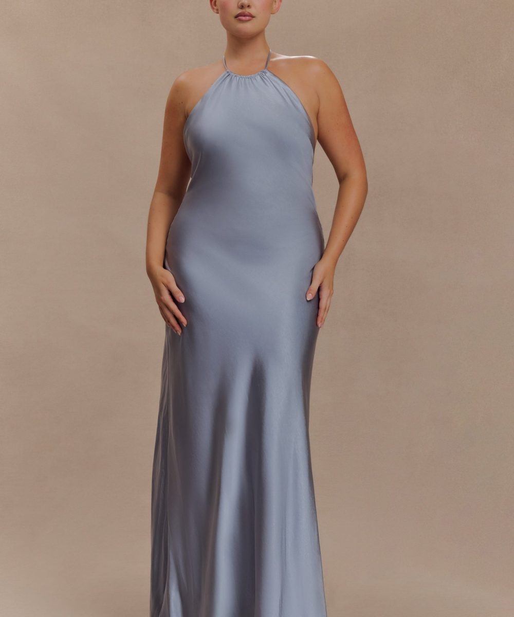Bella Satin Halter Maxi Dress - Frosted Blue