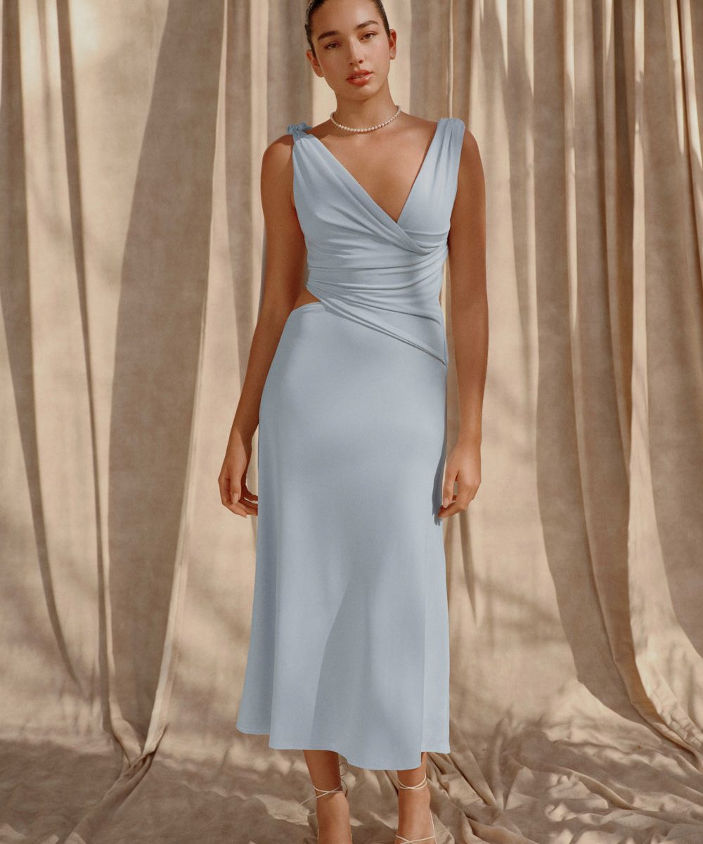 Raleigh Asymmetrical Slinky Midi Dress - Pale Blue