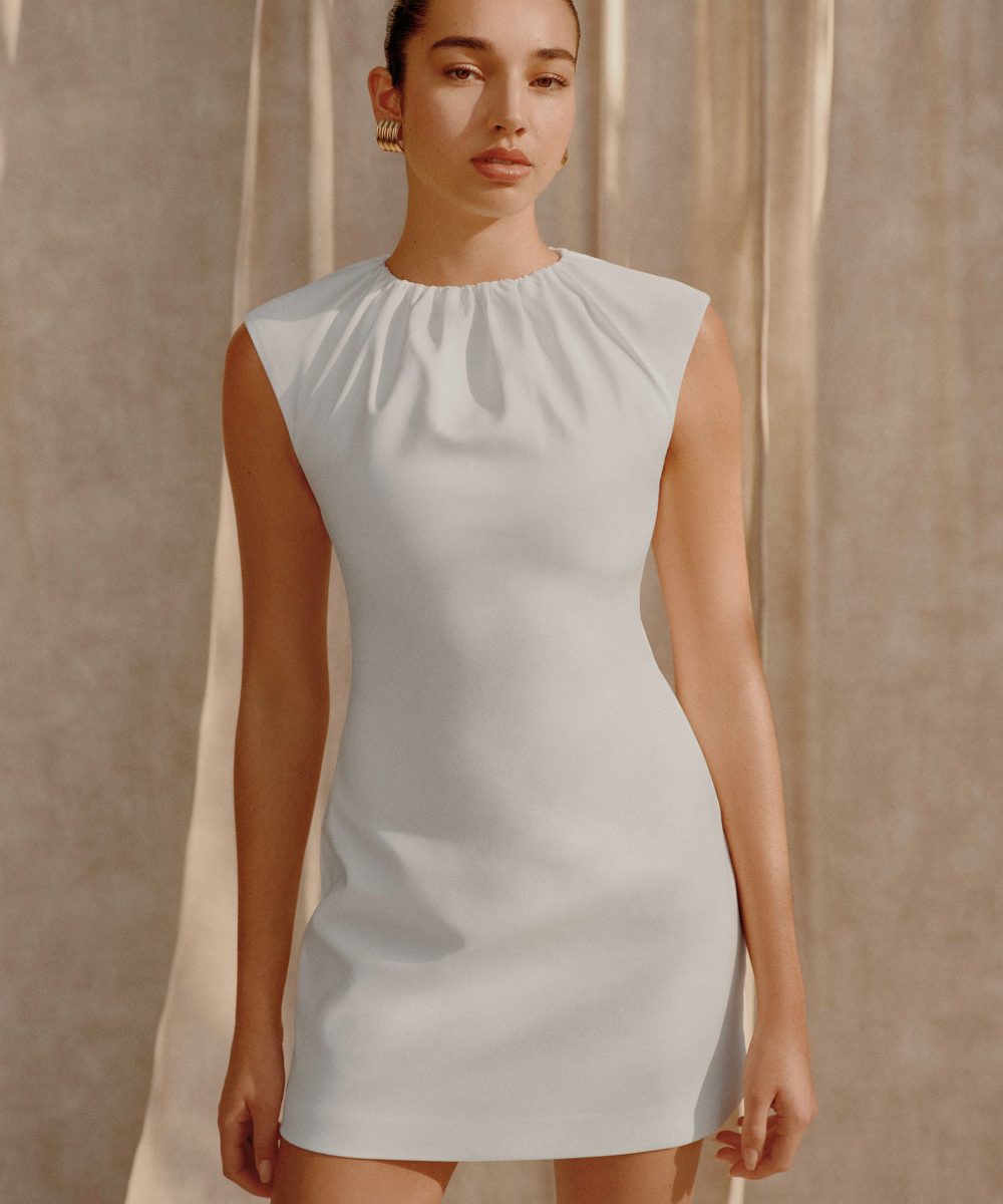 Ariana Pleated Neck Mini Dress - Ivory