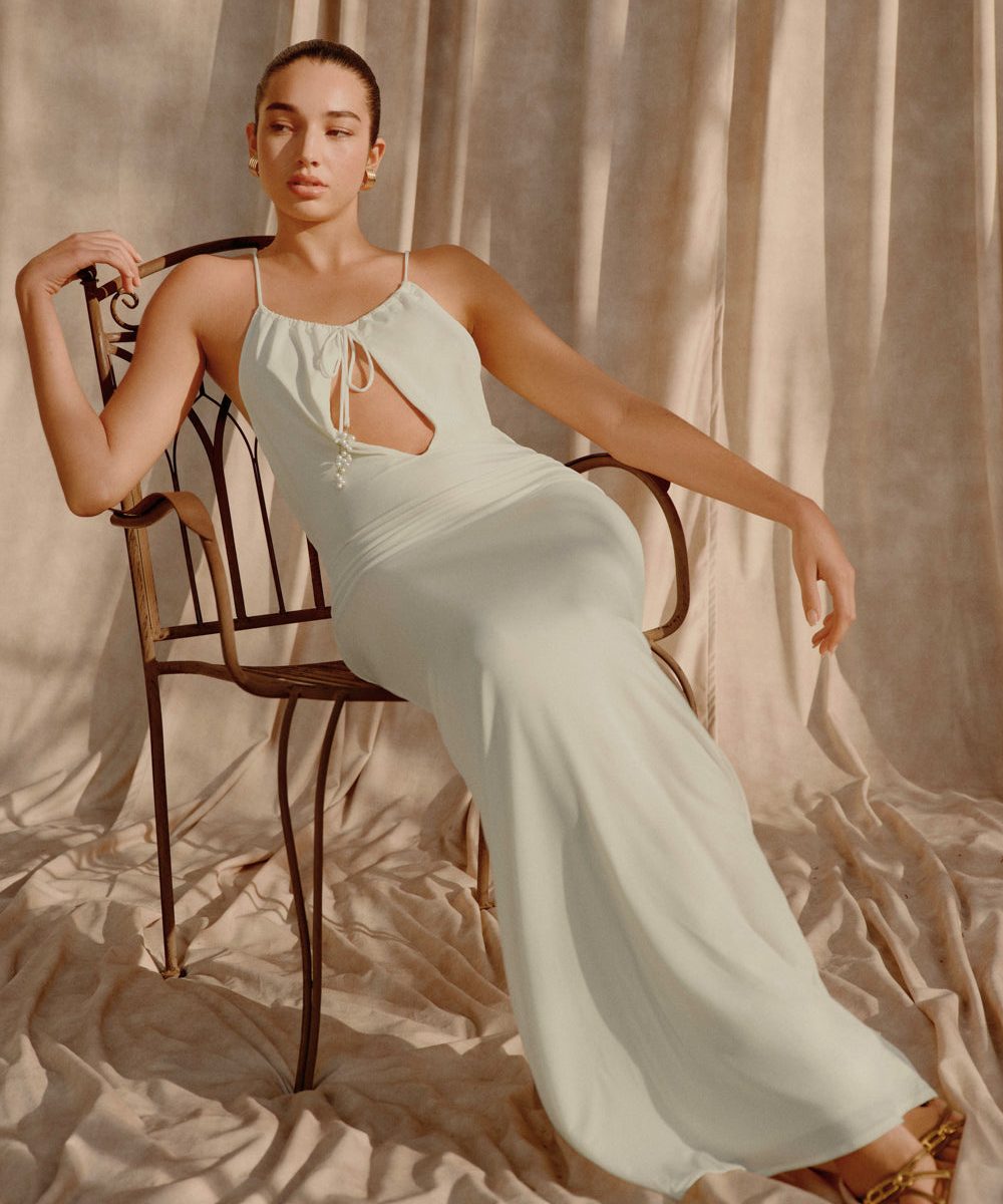Beryl Slinky Maxi Dress With Pearls - Ivory