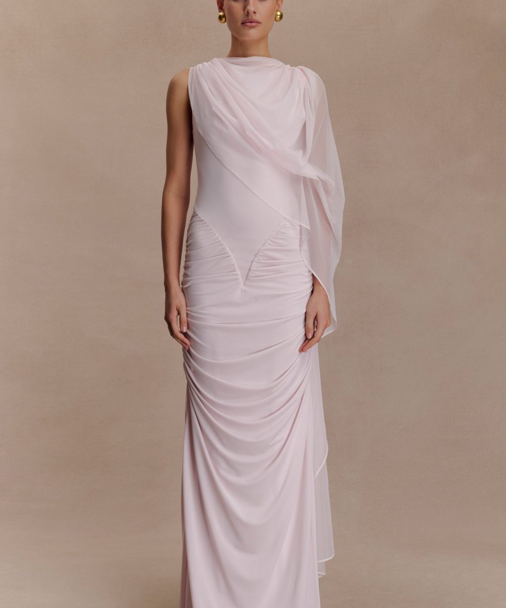 Amandine Ruched Slinky Maxi Dress - Pale Pink