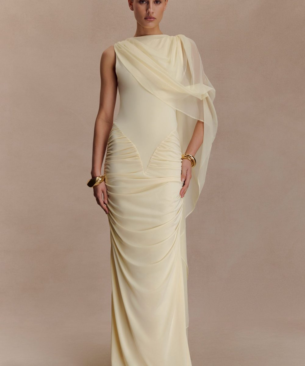 Amandine Ruched Slinky Maxi Dress - Lemon