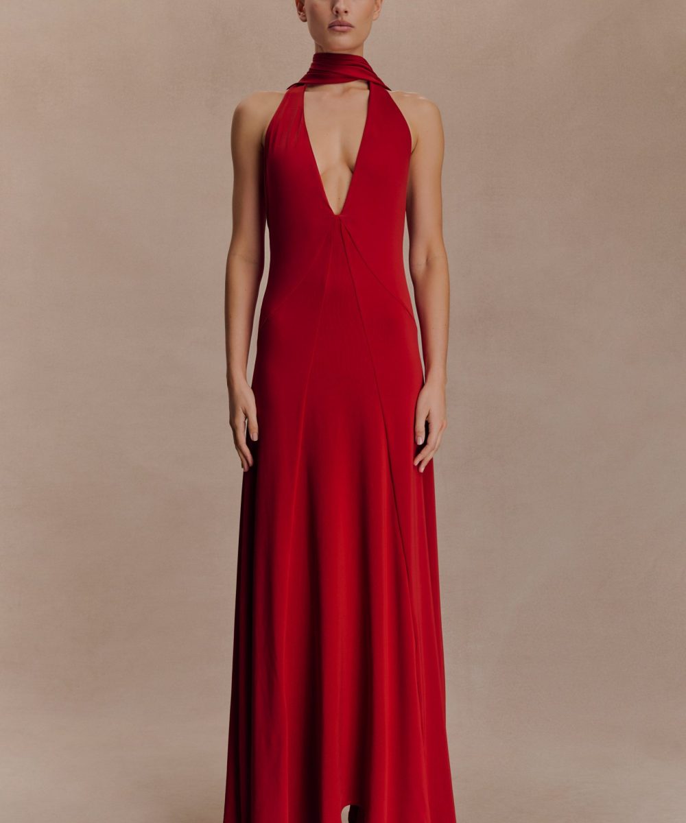 Juliet Slinky Maxi Dress With Scarf - Ruby