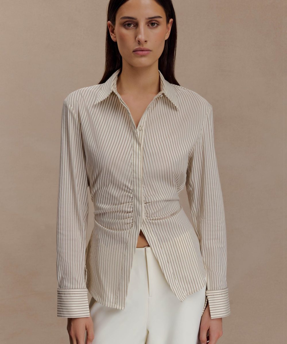 Millie Tie Back Cotton Shirt - Beige Pinstripe
