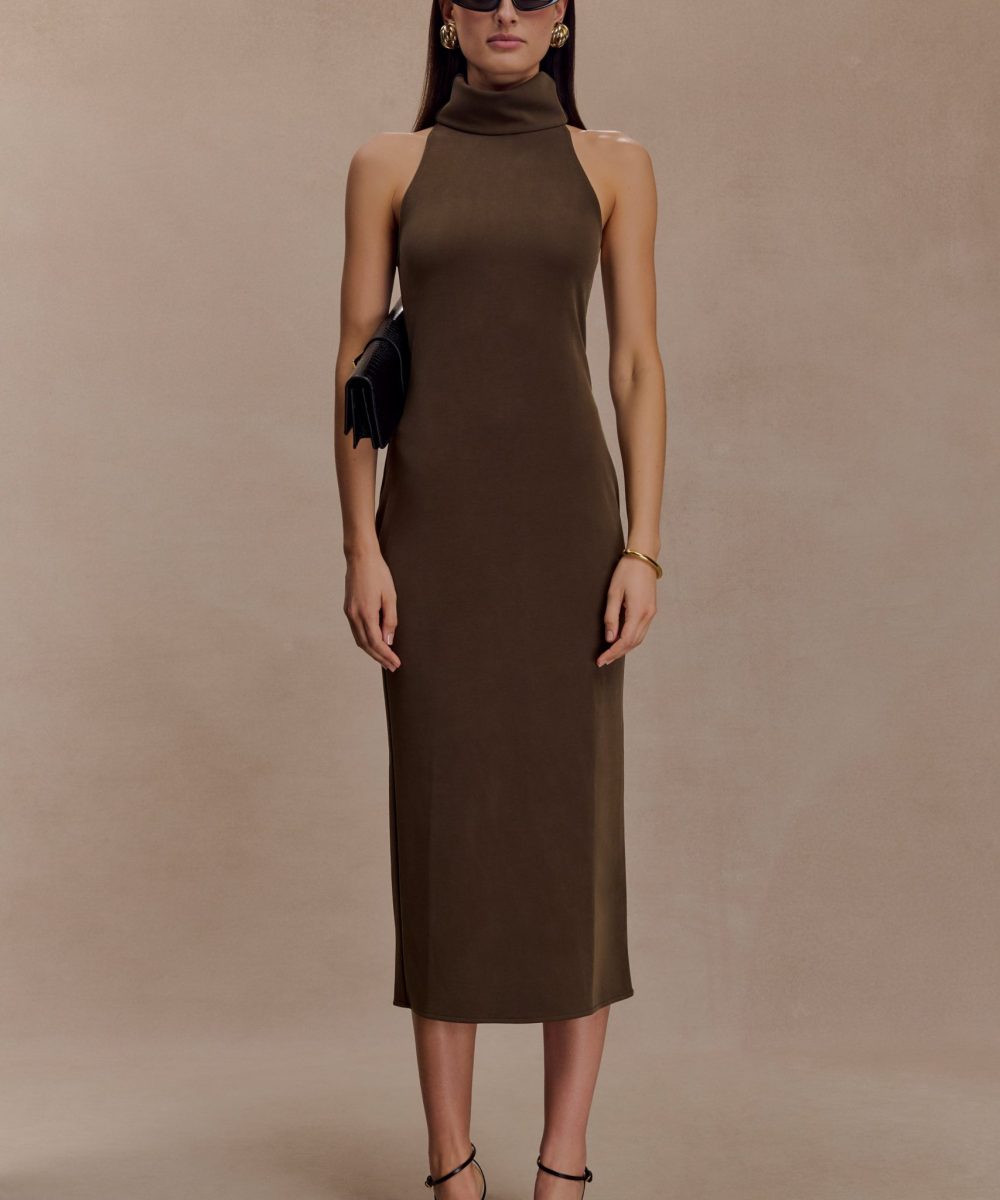Kennedy High Neck Midi Dress - Chocolate