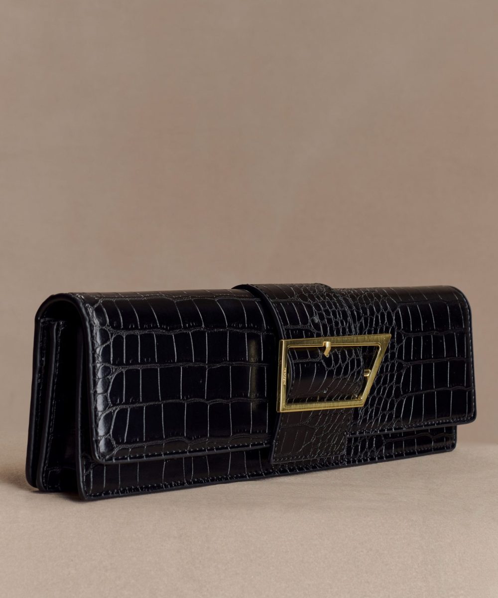 Jessica Faux Leather Crocodile Clutch - Black