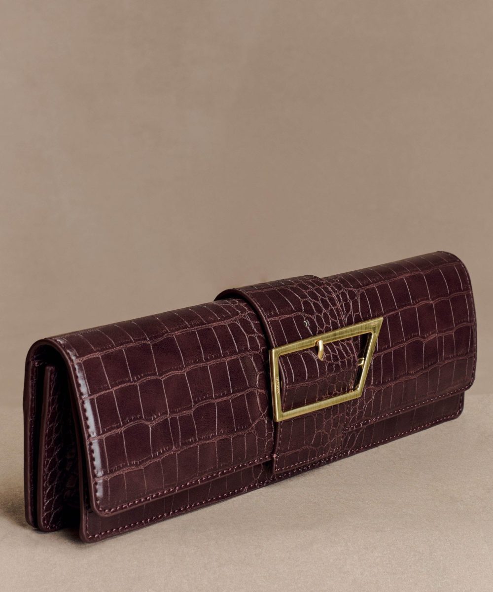 Jessica Faux Leather Crocodile Clutch - Burgundy