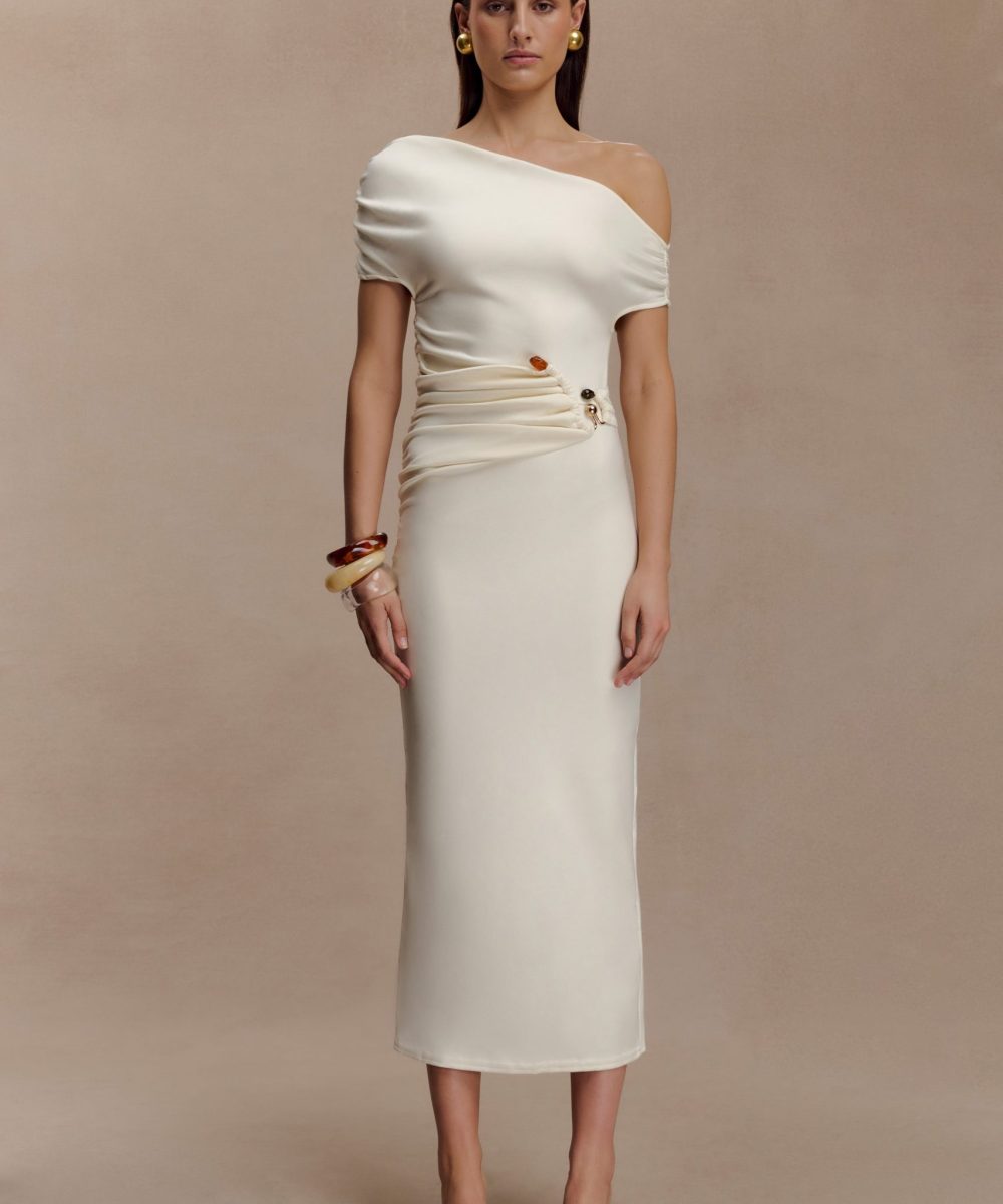 Kendra Scuba Jersey Midi Dress With Hardware - Ivory