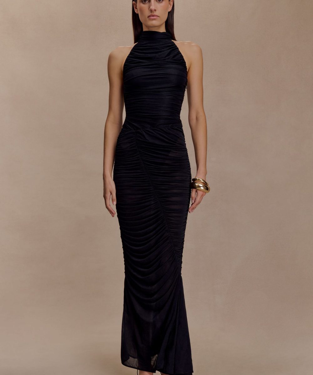 Matilda Ruched Mesh Maxi Skirt - Black