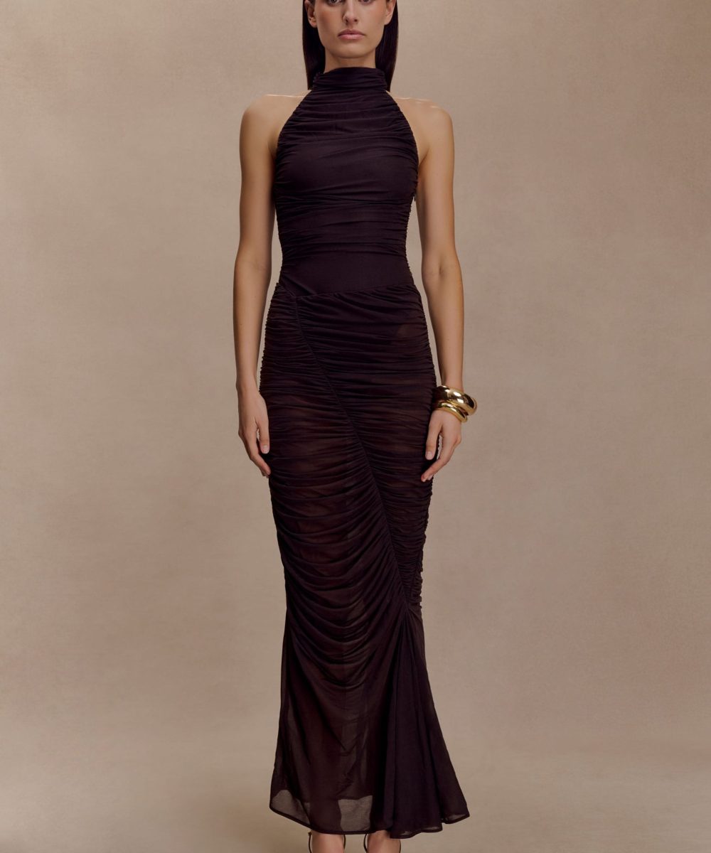 Matilda Ruched Mesh Maxi Skirt - Chocolate