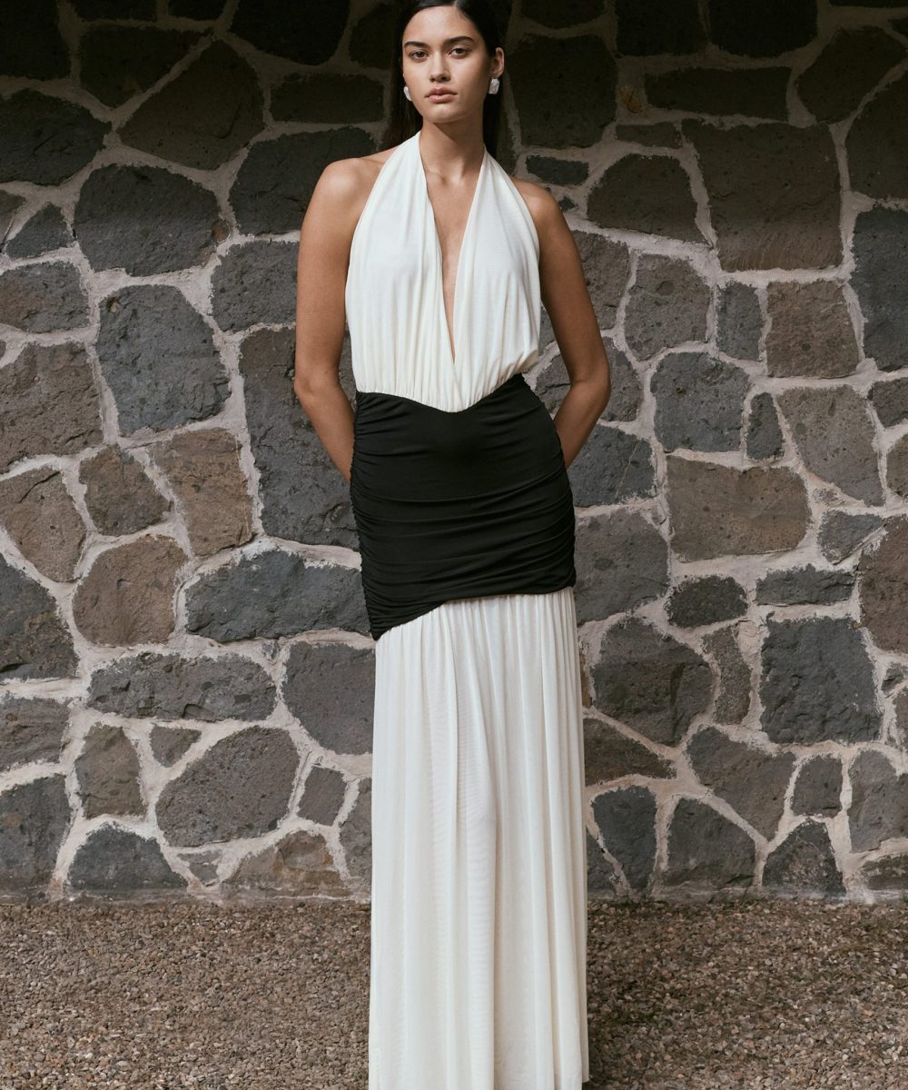 Hailee Slinky And Mesh Halter Maxi Dress - Black/White