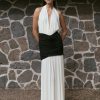 Hailee Slinky And Mesh Halter Maxi Dress - Black/White