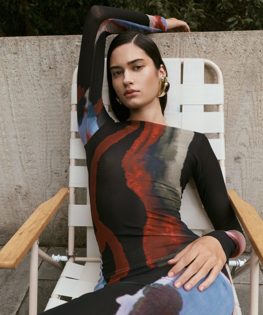 Soraya Long Sleeve Mesh Maxi Dress - Multi Fluid Reverie Print