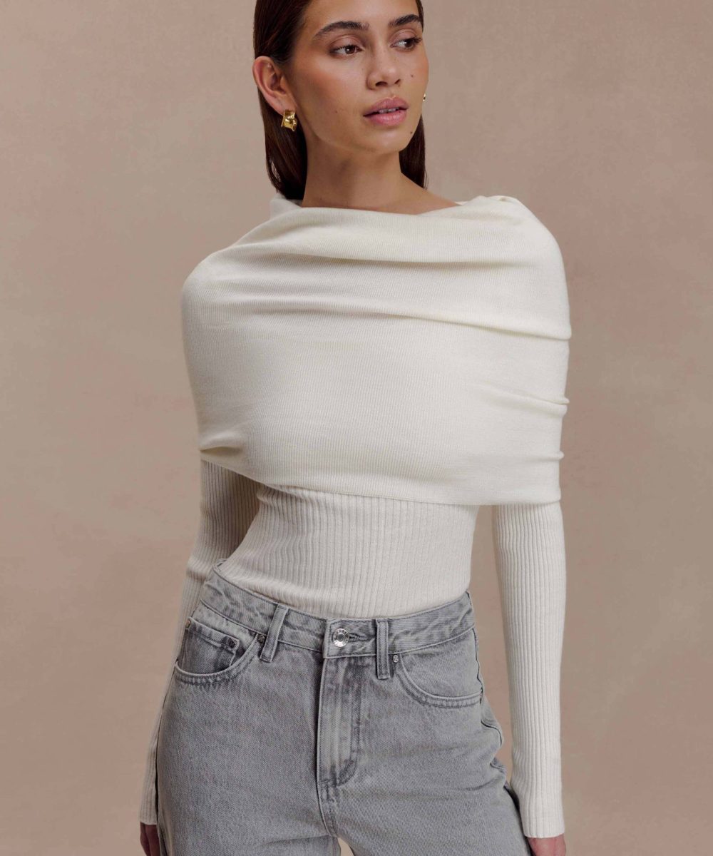Mazie Asymetrical Cashmere Blend Long Sleeve Knit Top - Ivory