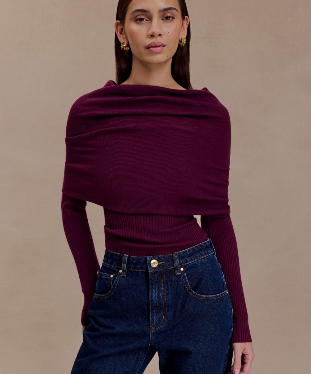 Mazie Asymetrical Cashmere Blend Long Sleeve Knit Top - Plum