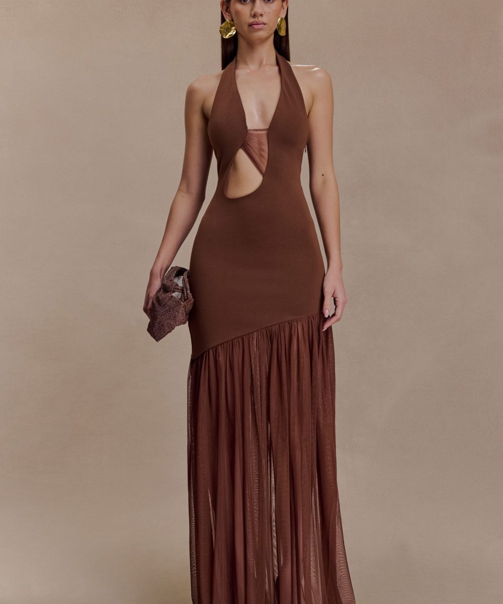 Aubree Crepe And Mesh Maxi Dress - Chocolate/Mocha