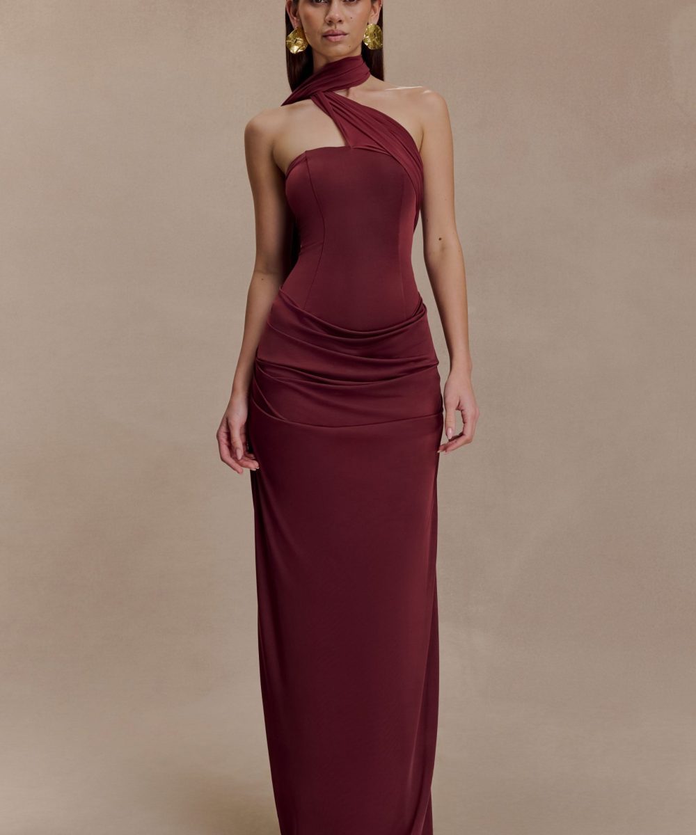 Mattea Slinky And Mesh Maxi Dress With Scarf - Burgundy
