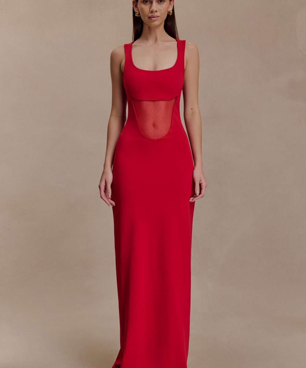 Marlon Crepe And Mesh Maxi Dress - Cherry Red