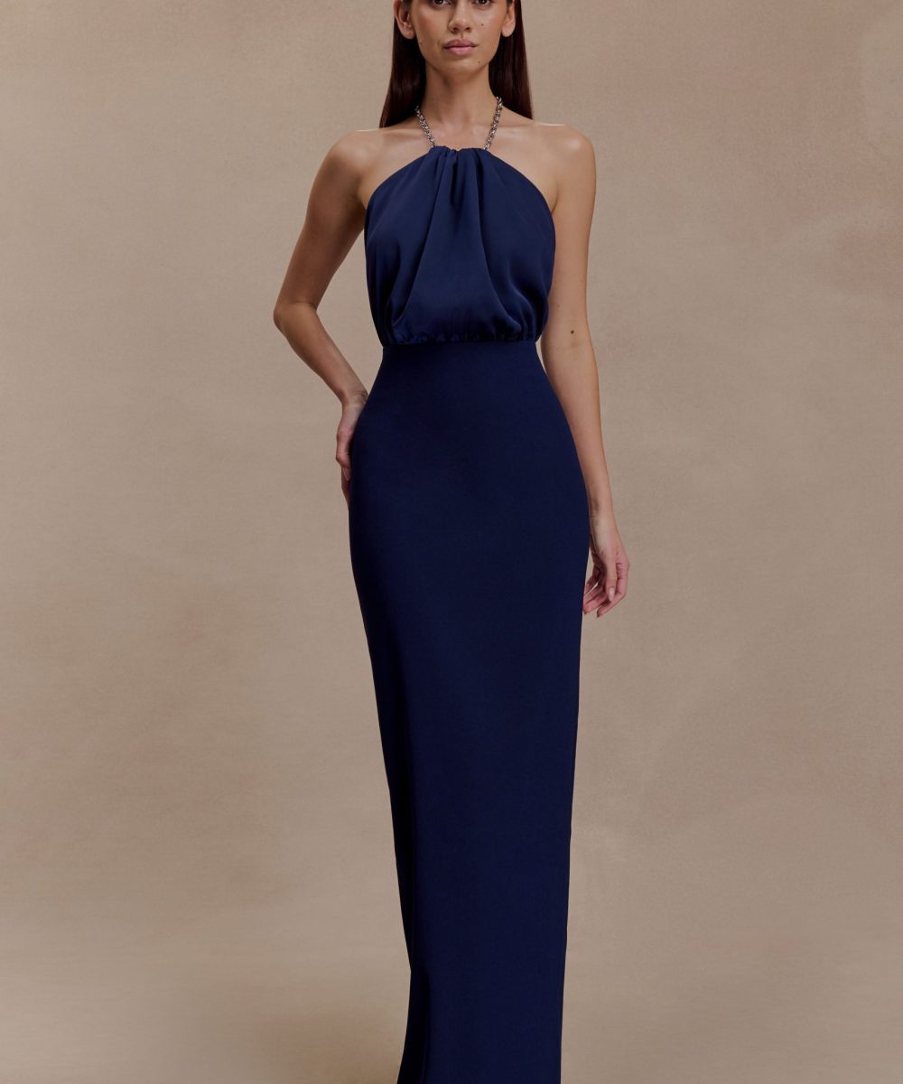 Elina Satin Necklace Maxi Dress - Navy