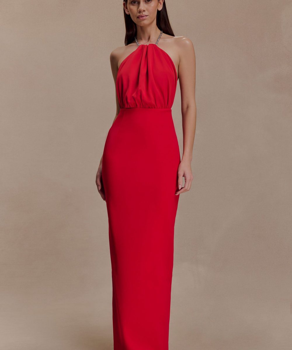 Elina Satin Necklace Maxi Dress - Red