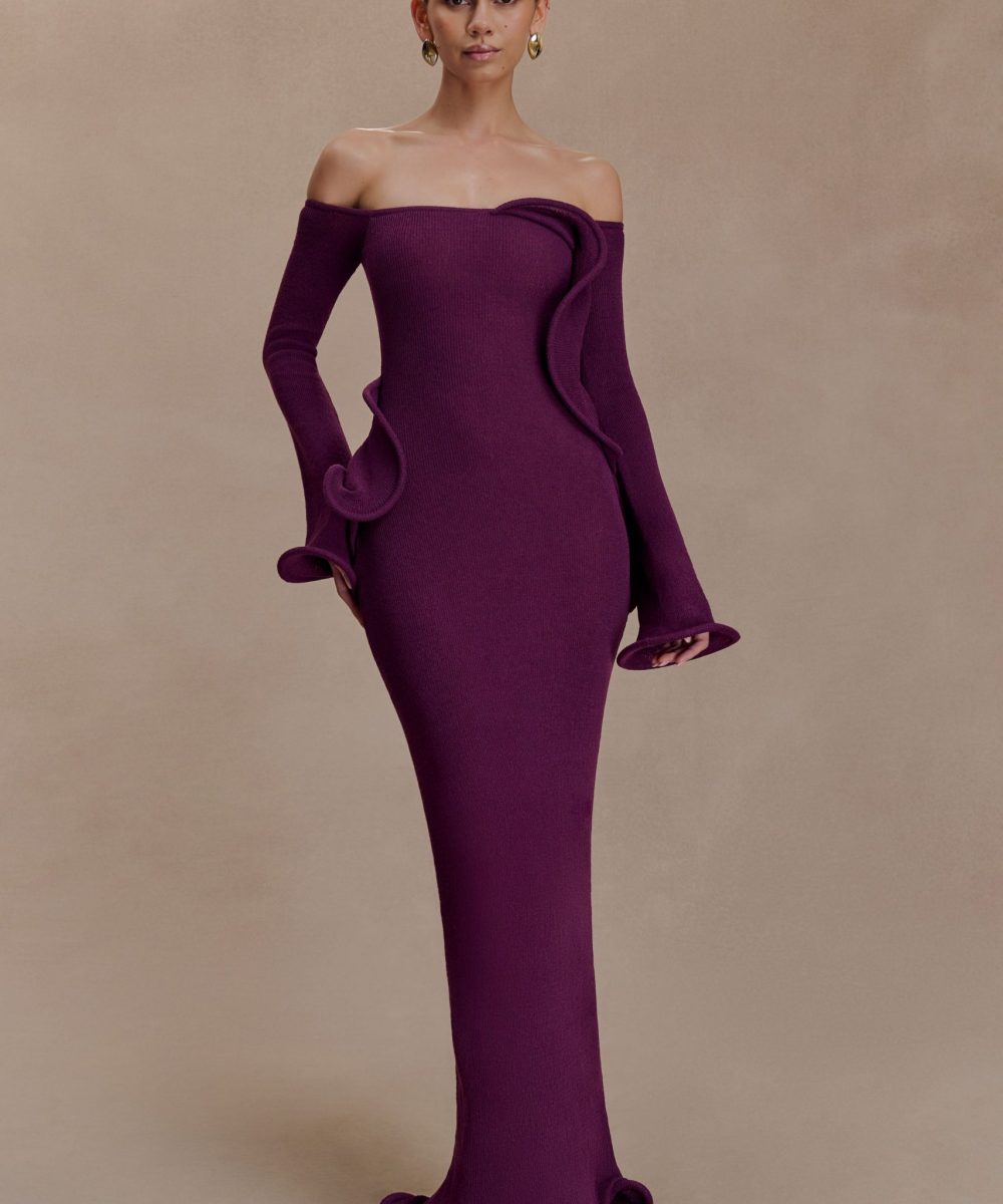Sandrine Off Shoulder Knit Maxi Dress - Plum