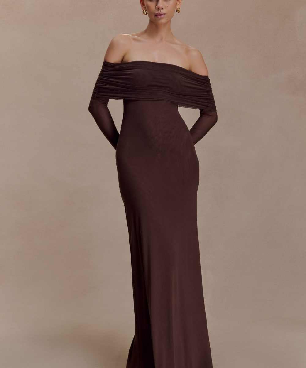 Josie Off Shoulder Mesh Maxi Dress - Dark Brown
