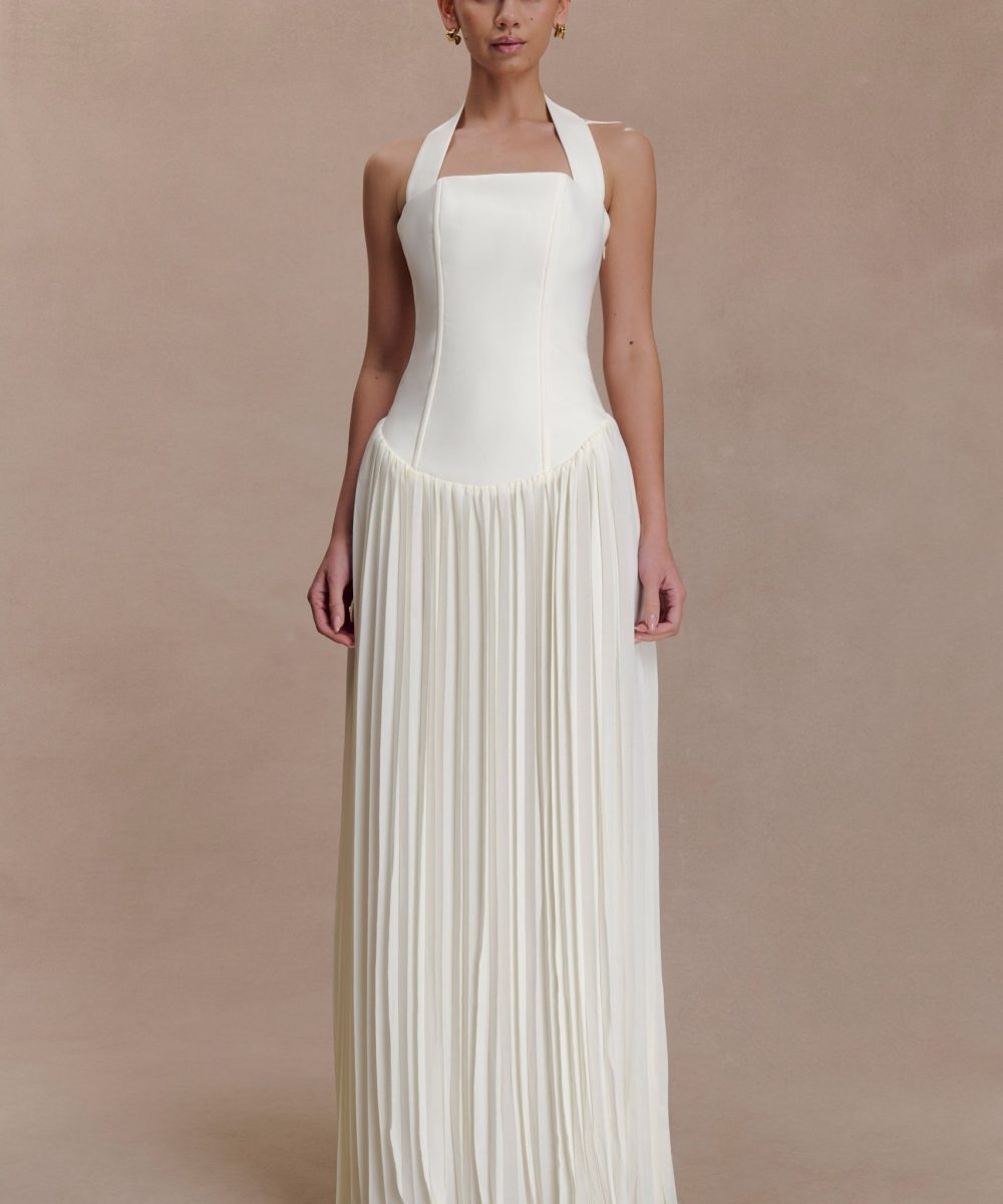 Stacie Pleated Halter Maxi Dress - Ivory