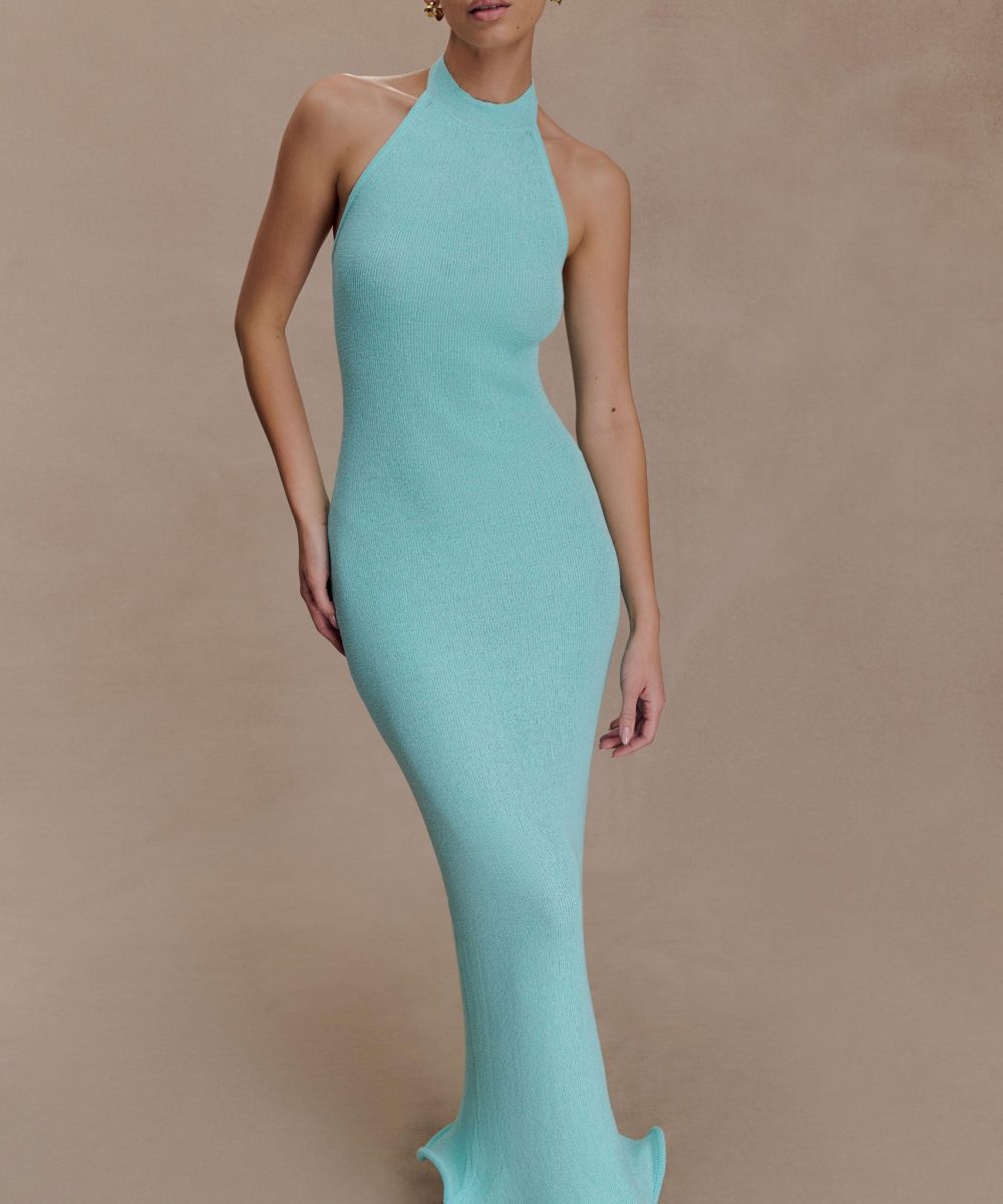 Melodie Halter Knit Maxi Dress - Cyan Blue