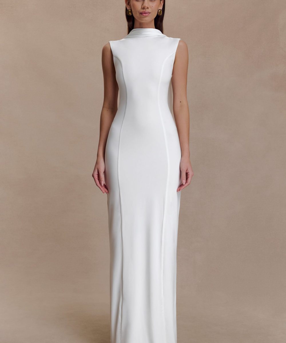 Wisteria Slinky Maxi Dress With Scarf - White