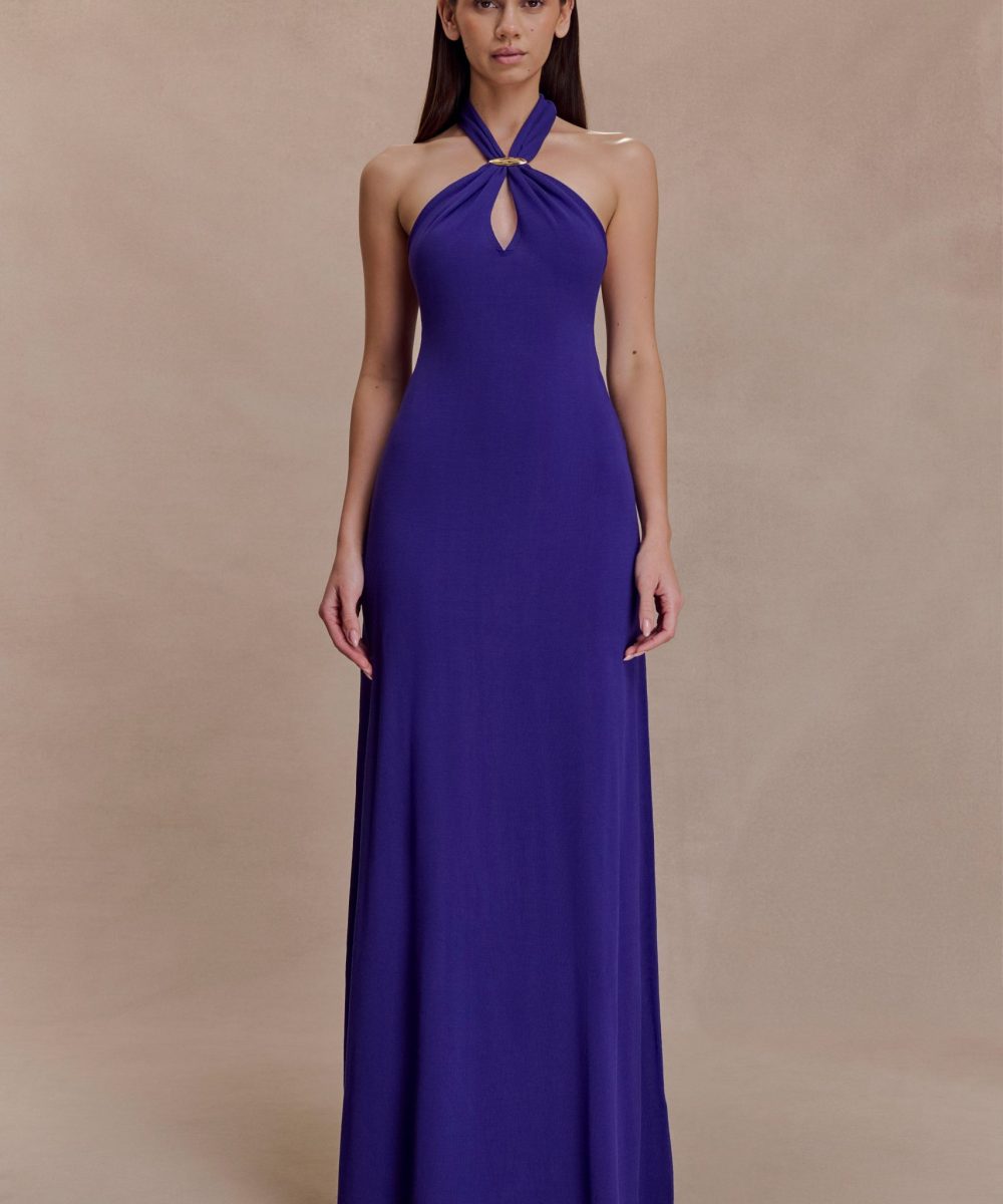 Ozias Halter Semi Sheer Knit Maxi Dress - Deep Purple
