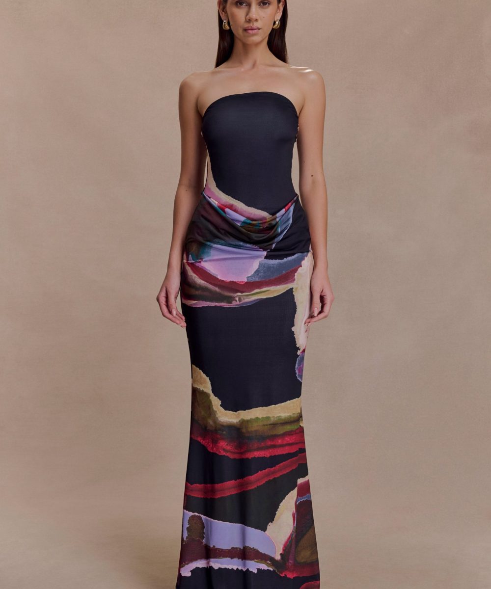 Madison Strapless Slinky Maxi Dress - Multi Fluid Reverie Print