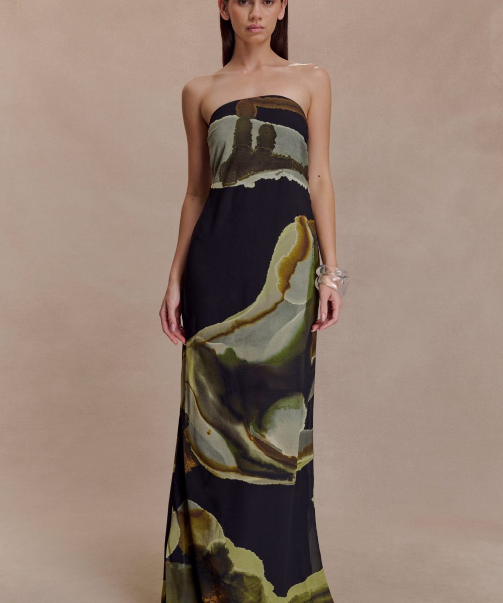 Amaya Strapless Chiffon Maxi Dress - Green Fluid Reverie Print