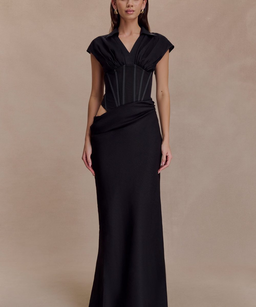 Saphira Shirt Corset Maxi Dress - Black