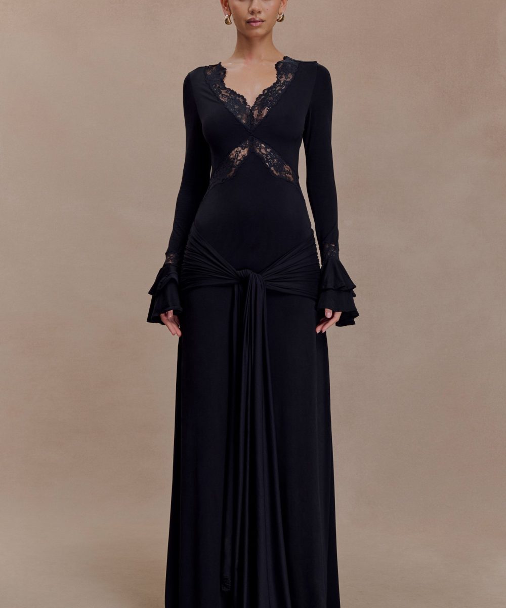 Electra Slinky Lace Maxi Dress - Black