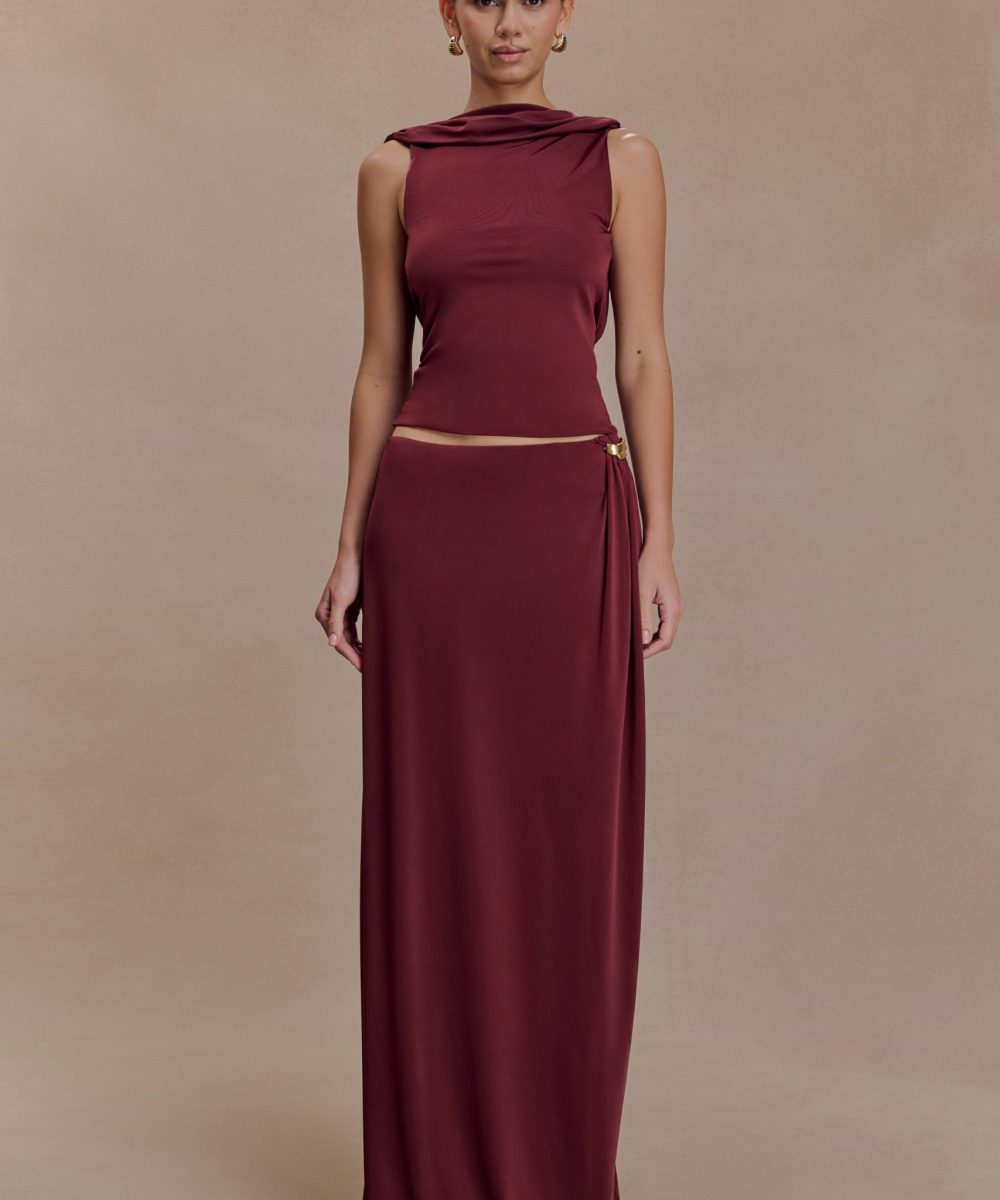 Bridget Slinky Maxi Skirt With Hardware - Burgundy