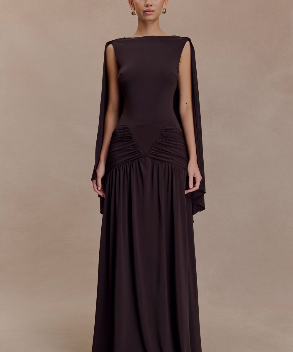 Emory Jersey Cape Maxi Dress - Chocolate