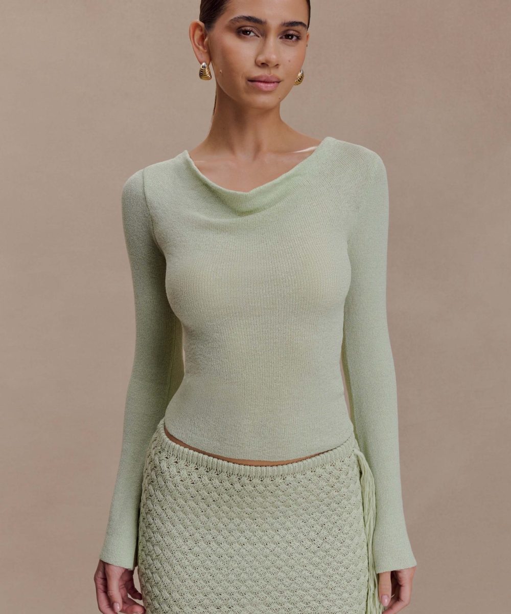 Elowen Knit Cowl Long Sleeve Top - Pastel Green
