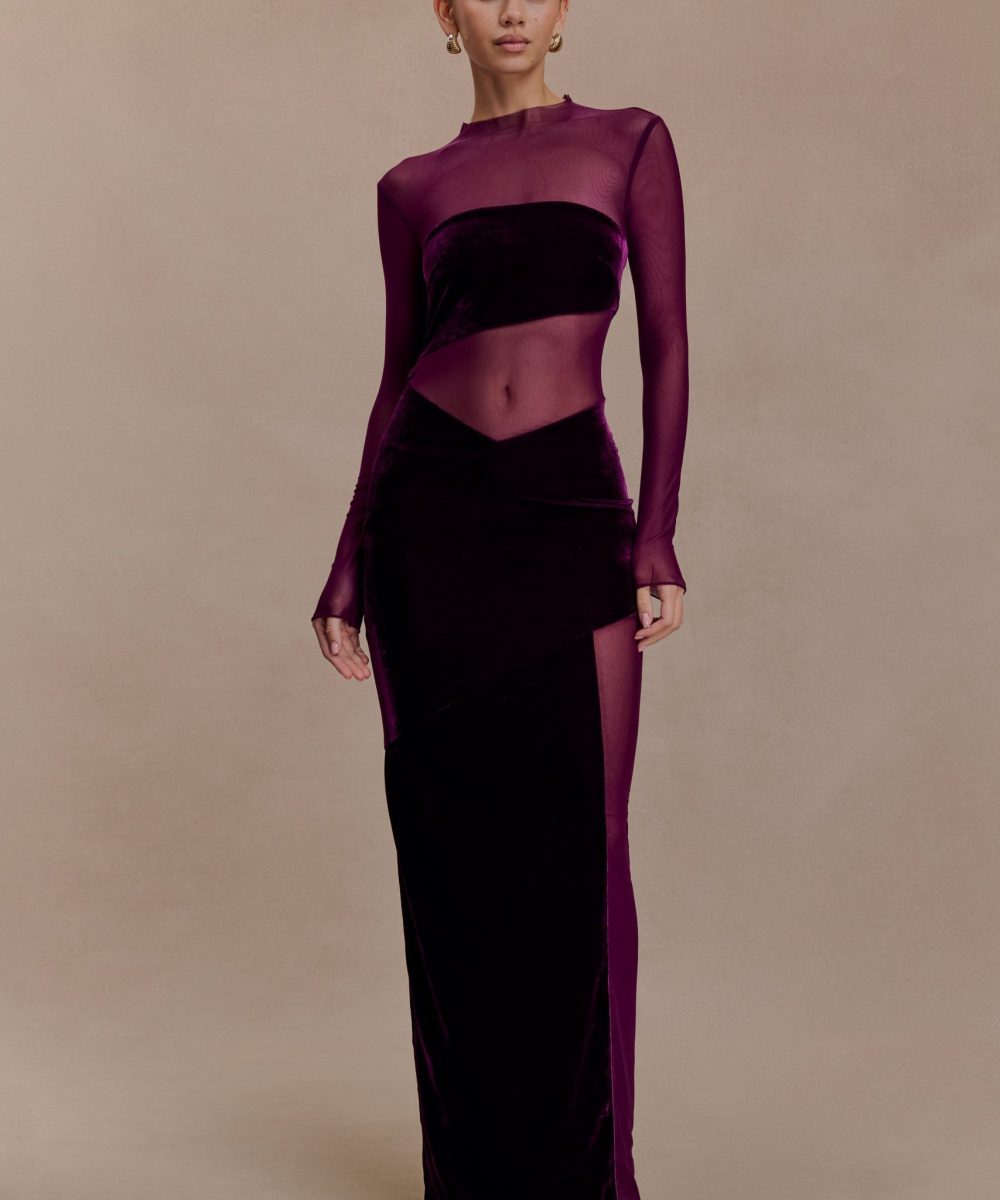 Davina Velvet And Mesh Maxi Dress - Purple
