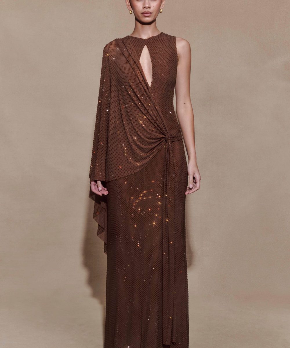 Bakari Diamante Cape Maxi Dress - Chocolate