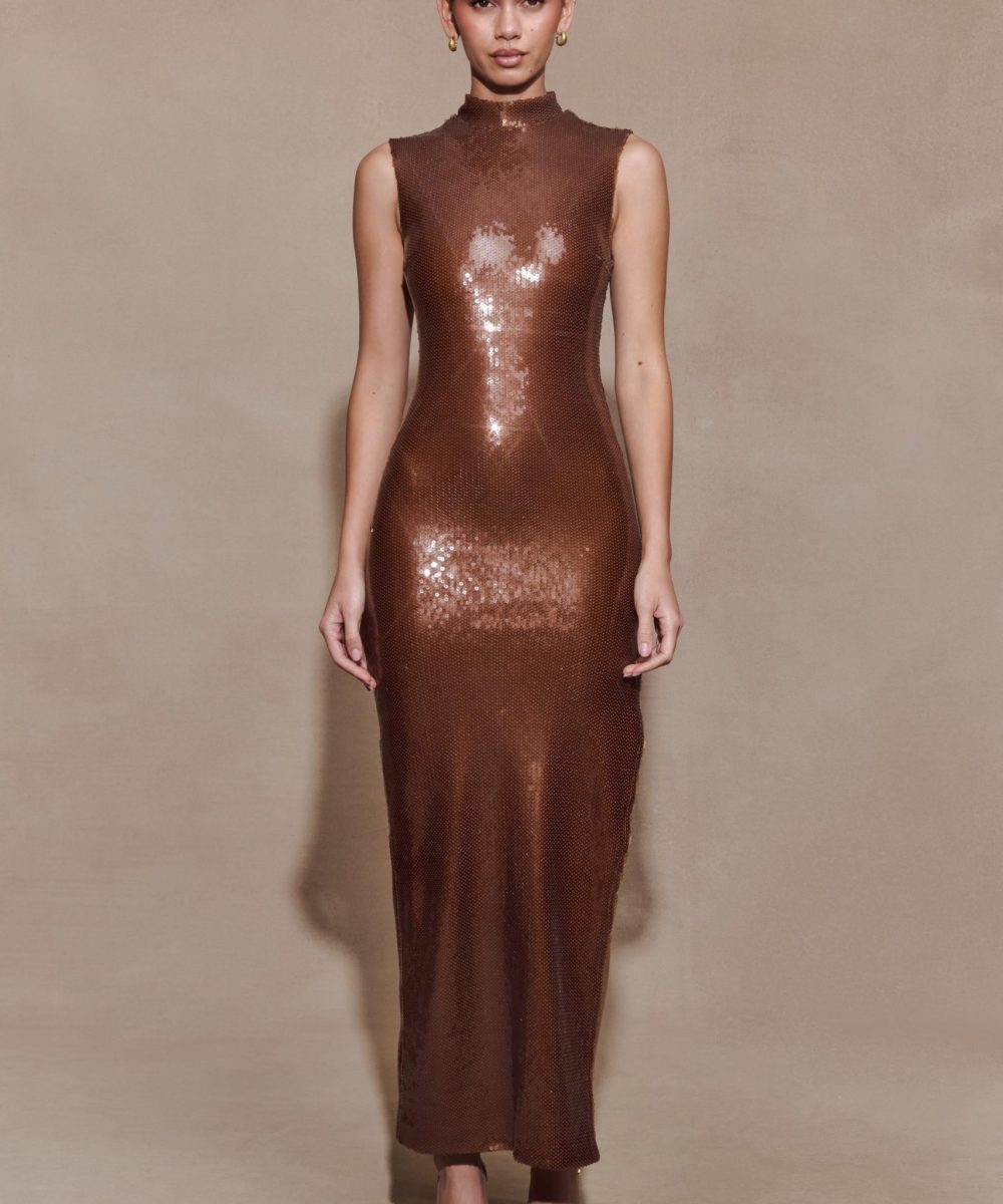 Veronica Sequin Midi Dress - Chocolate