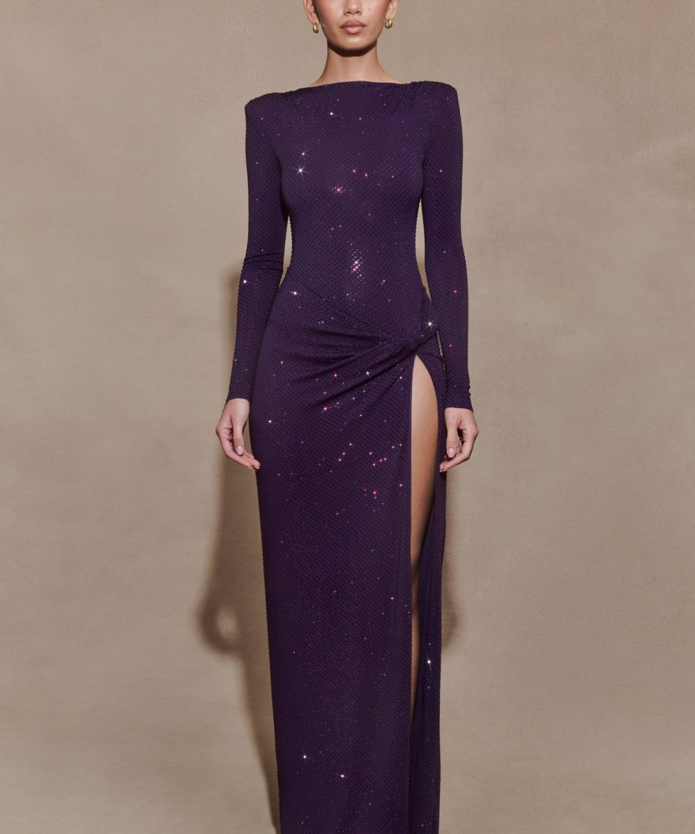 Deanna Long Sleeve Diamante Maxi Dress - Purple